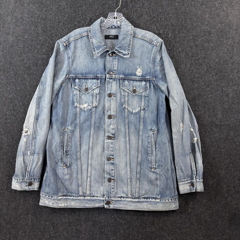 ABLE Denim Jacket Women's Large Blue Distressed Longline Trucker Pockets
